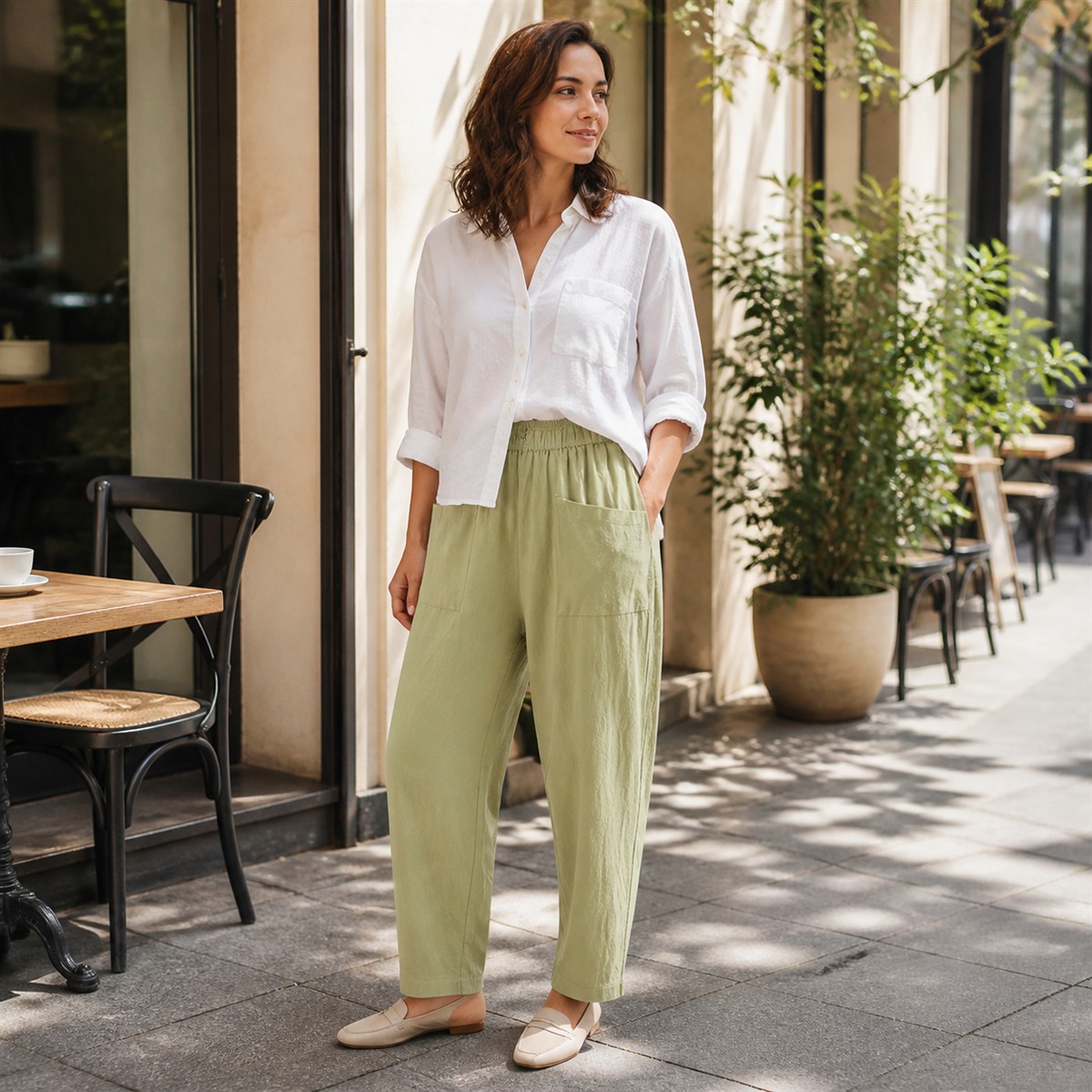 Women's Relaxed Elastic-Waist Tapered Pants with Patch Pockets - Worn in a relaxed everyday setting