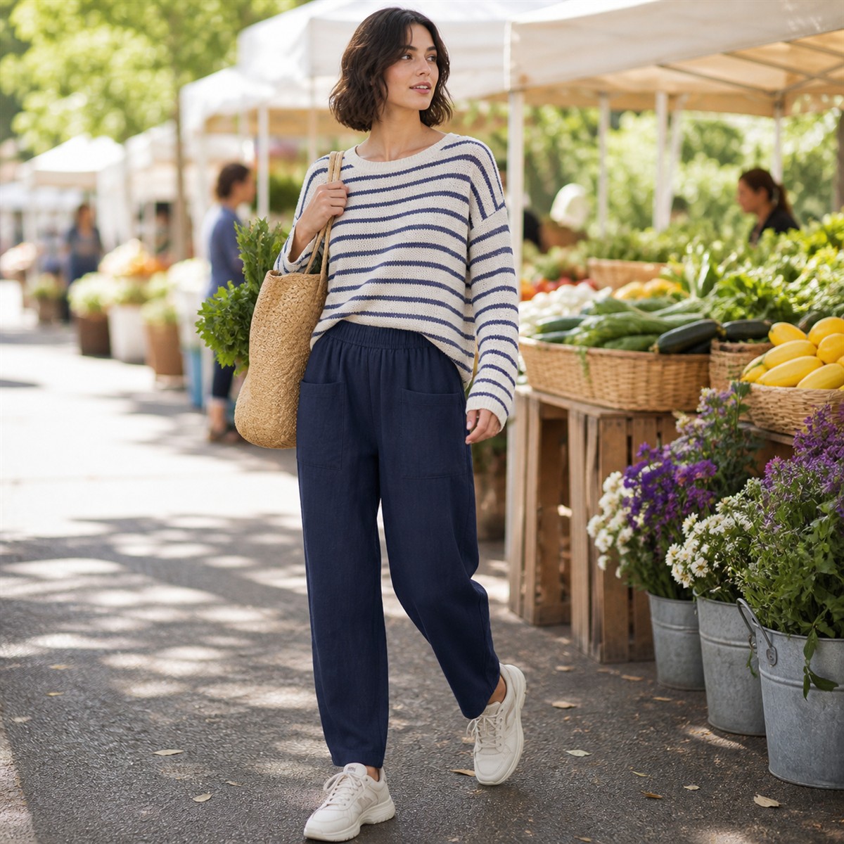 Women's Relaxed Elastic-Waist Tapered Pants with Patch Pockets - Worn during an easy weekend outing