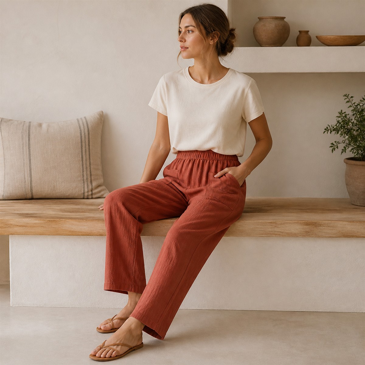 Women's Relaxed Elastic-Waist Tapered Pants with Patch Pockets - Worn in a bright casual setting