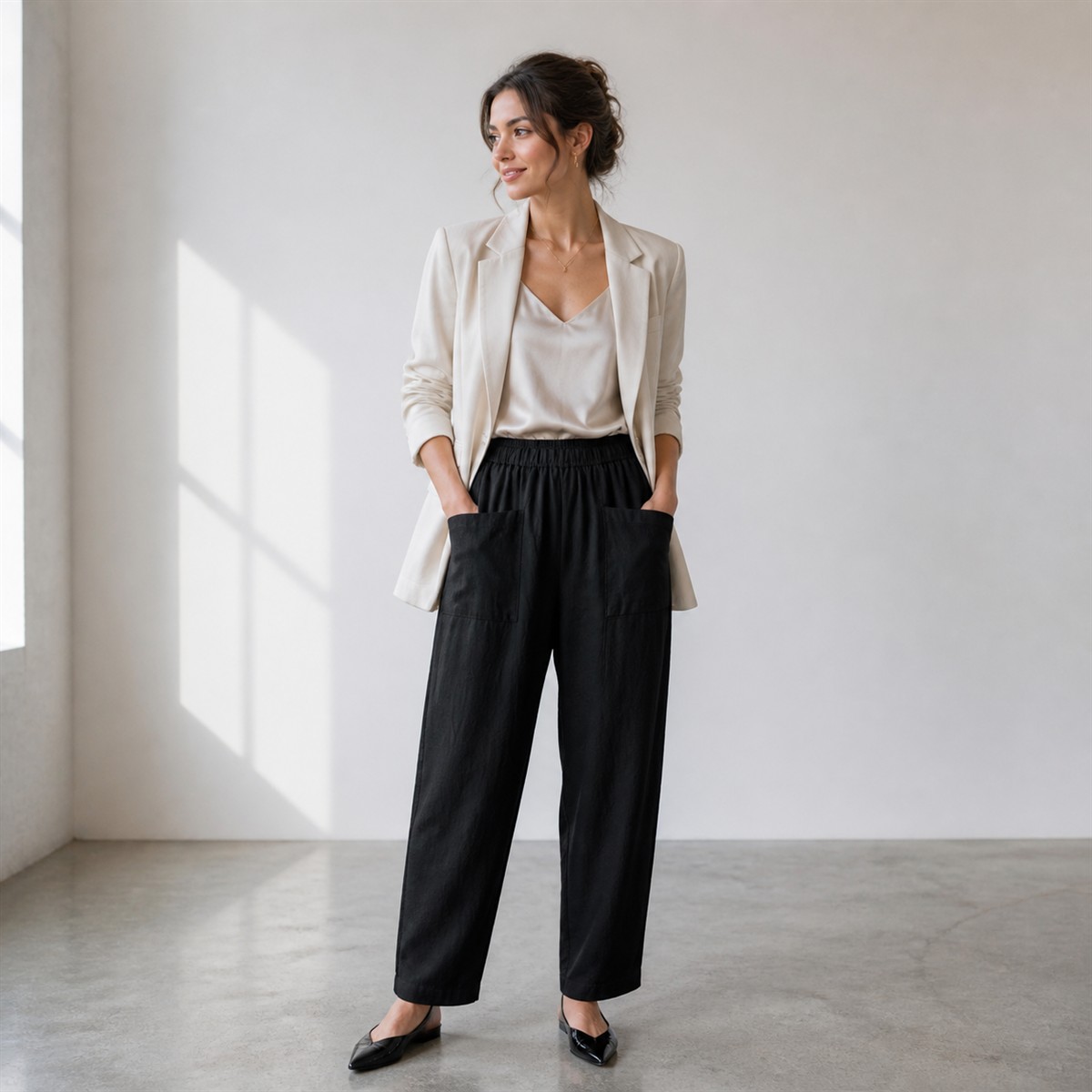 Women's Relaxed Elastic-Waist Tapered Pants with Patch Pockets - Styled with denim