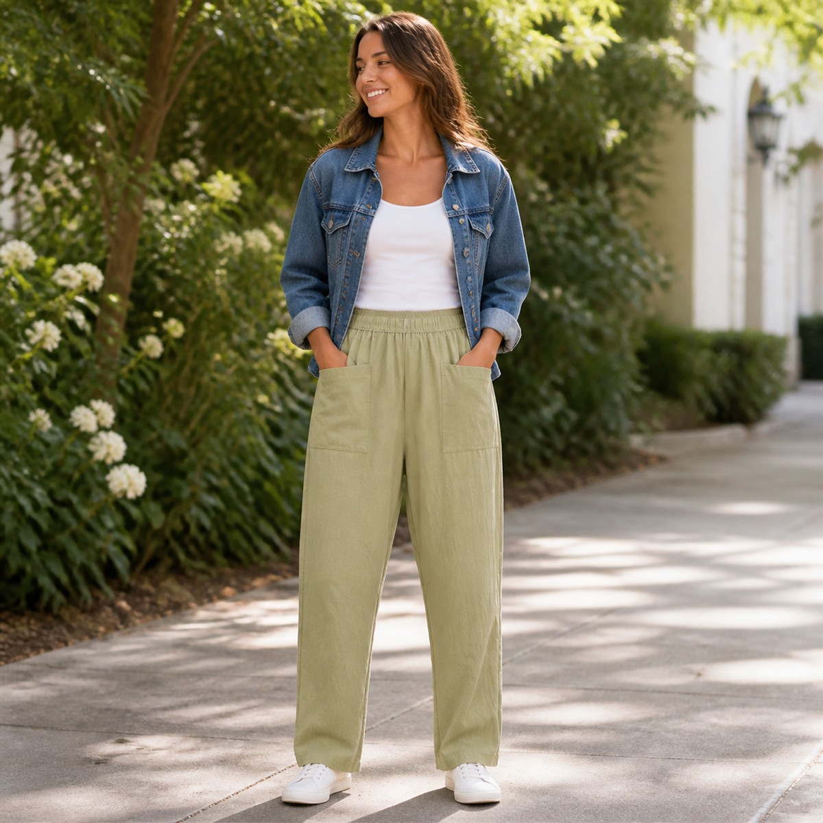 Women's Relaxed Elastic-Waist Tapered Pants with Patch Pockets - Styled with tailored separates