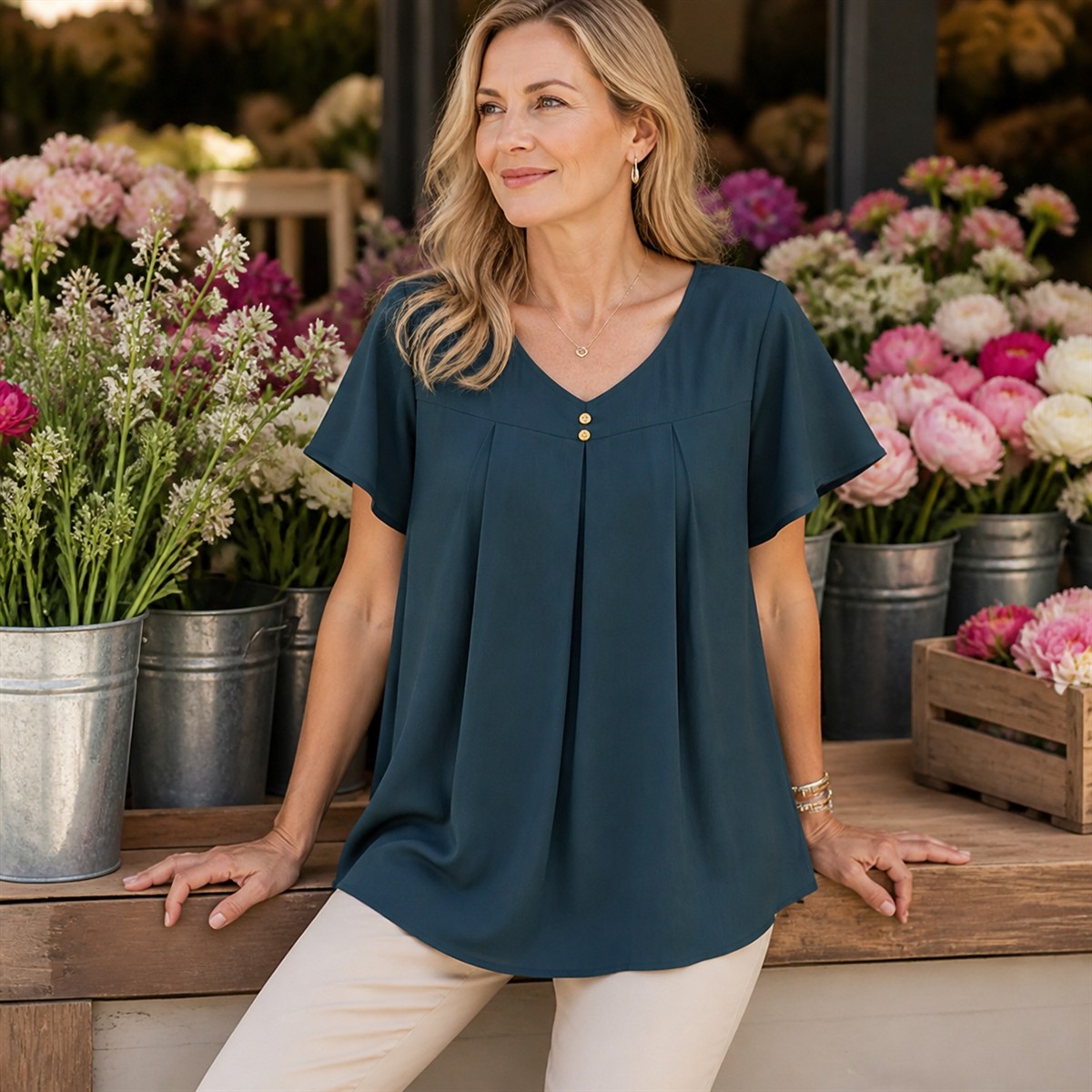 Women's Pleated V-Neck Double-Layer Sleeve Tunic Top - Worn in a bright casual setting
