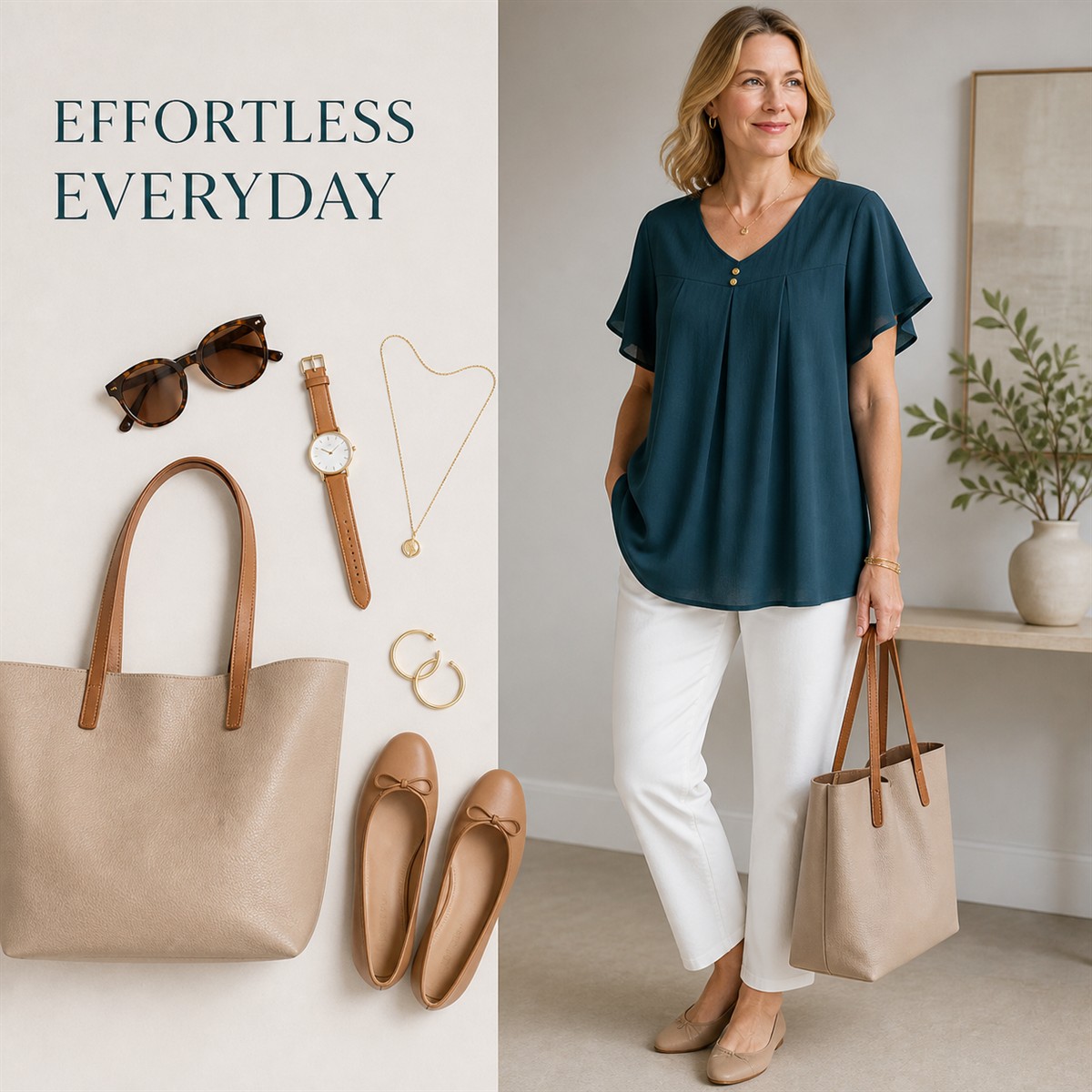 Women's Pleated V-Neck Double-Layer Sleeve Tunic Top - Styled with denim