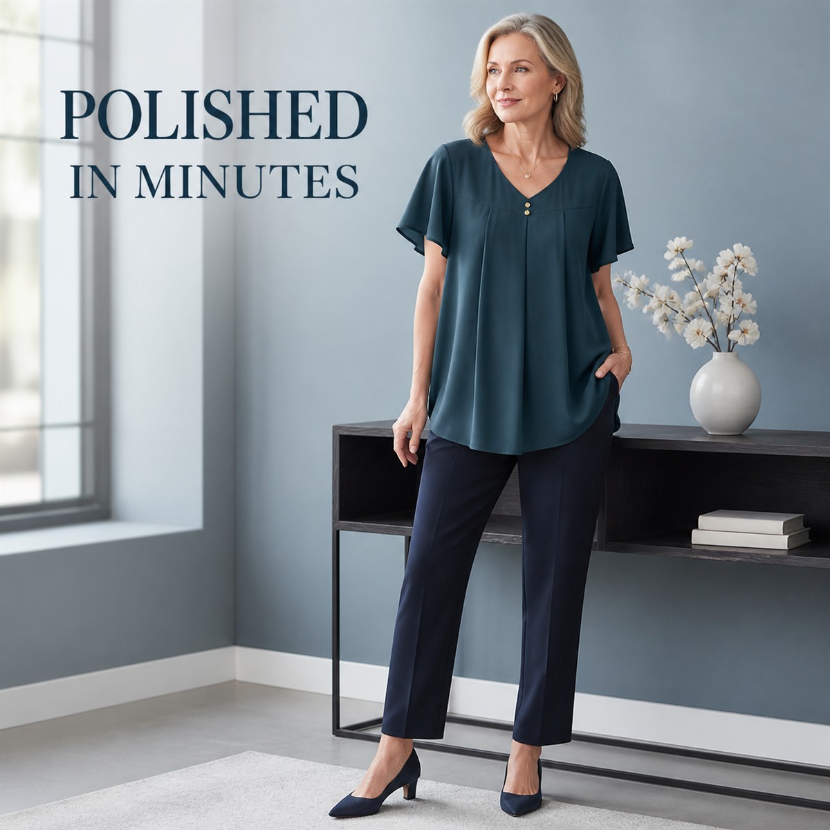 Women's Pleated V-Neck Double-Layer Sleeve Tunic Top - Styled with tailored separates