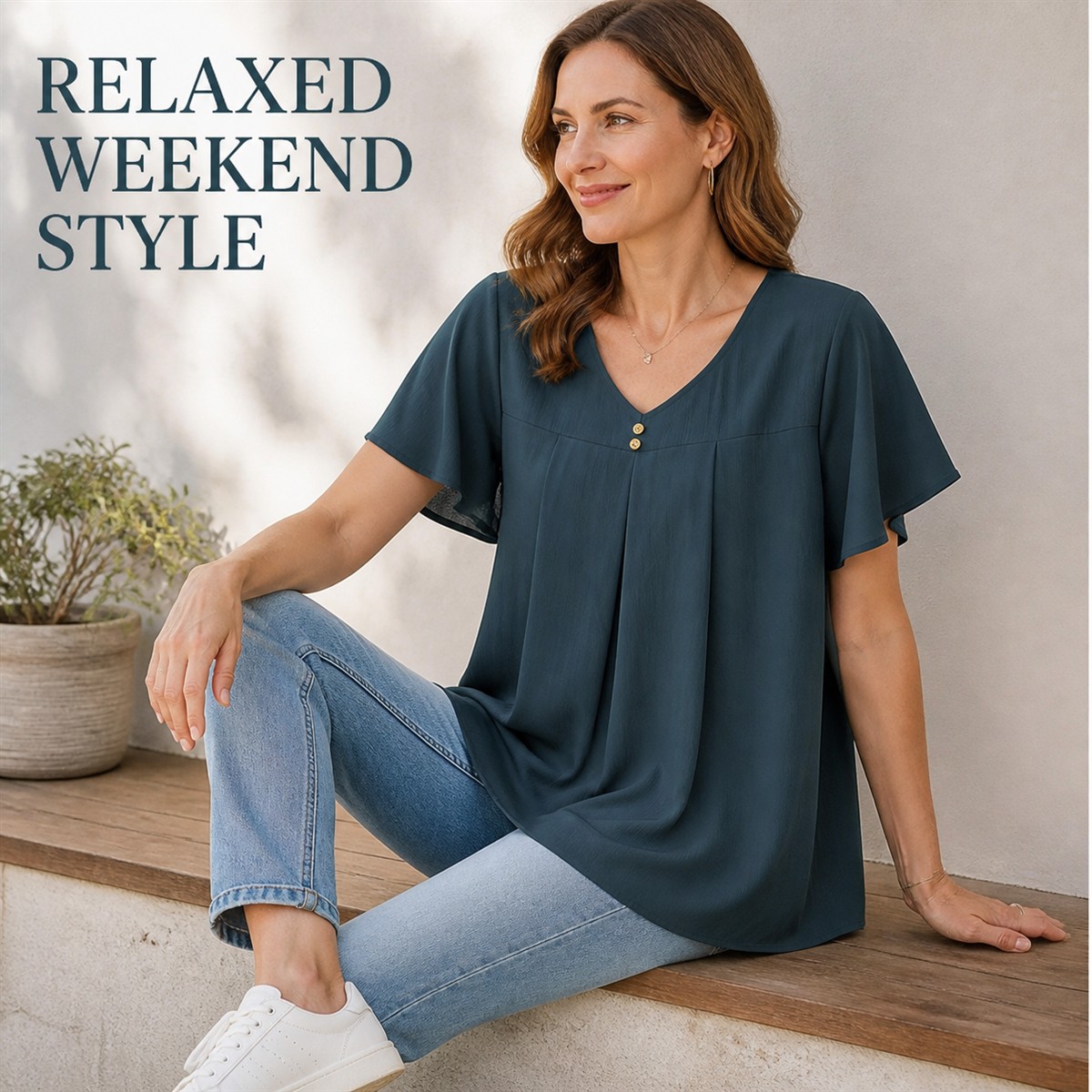 Women's Pleated V-Neck Double-Layer Sleeve Tunic Top - Styled for a relaxed weekend