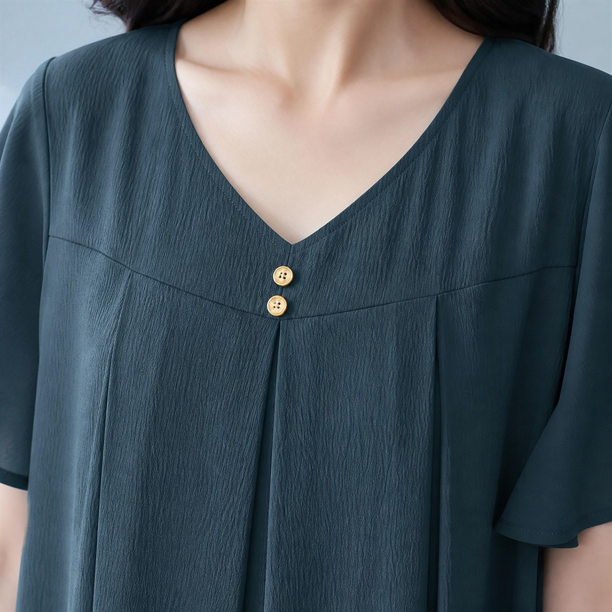 Women's Pleated V-Neck Double-Layer Sleeve Tunic Top - Detail of 