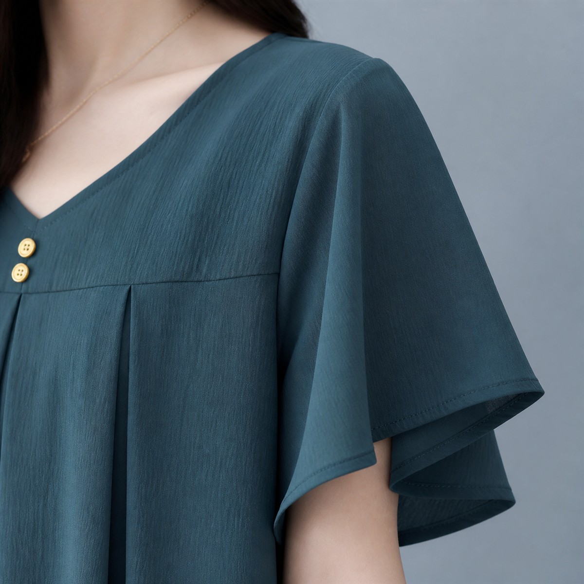 Women's Pleated V-Neck Double-Layer Sleeve Tunic Top - V neckline