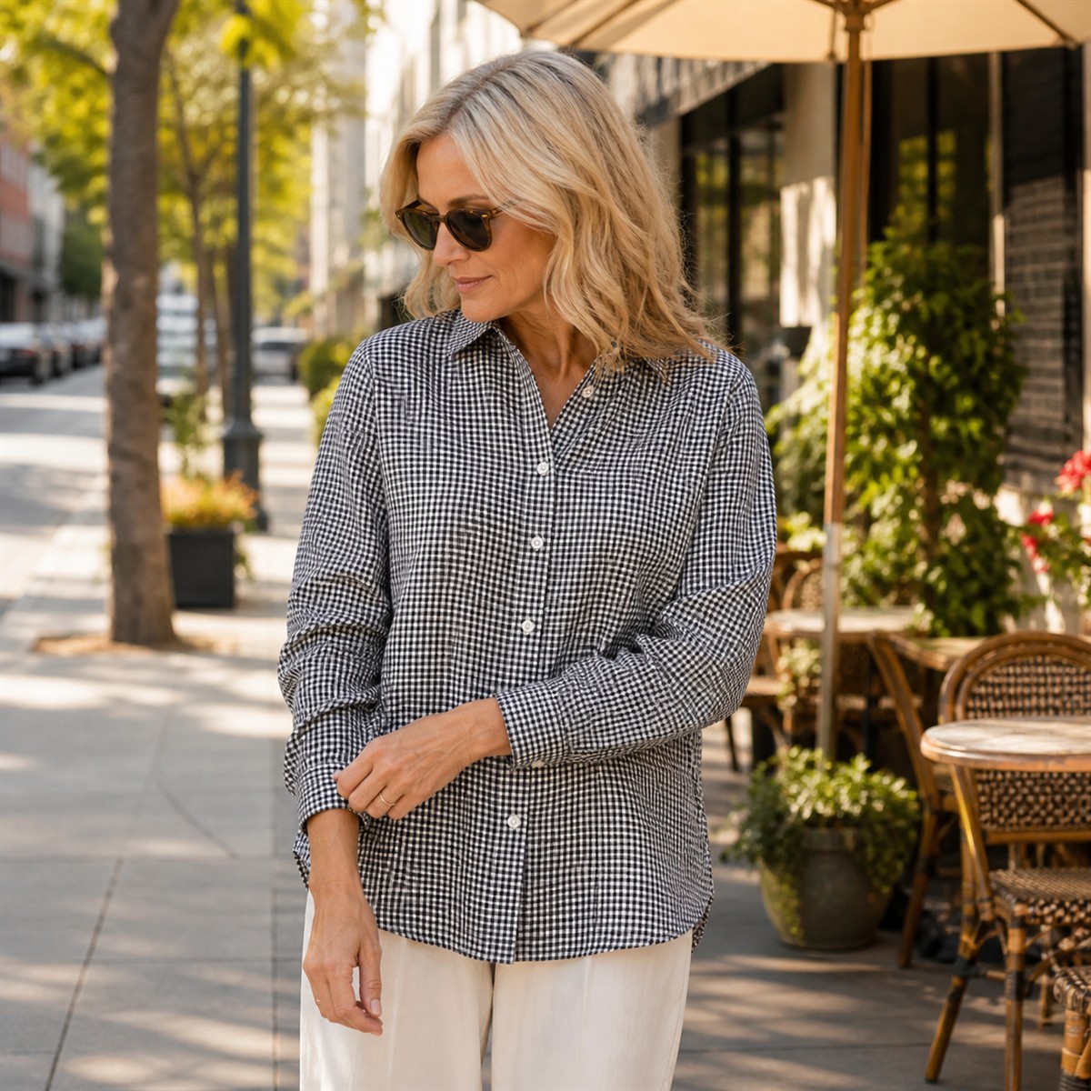 Women's Relaxed Gingham Long-Sleeve Button-Front Shirt - Worn during an easy weekend outing