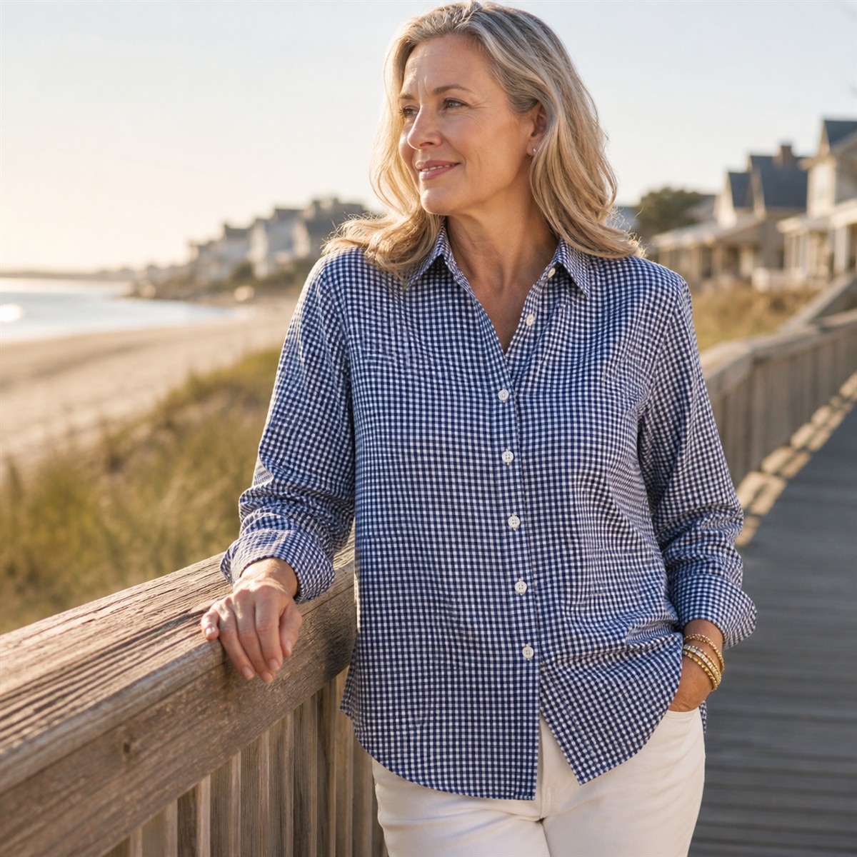 Women's Relaxed Gingham Long-Sleeve Button-Front Shirt - Worn in a bright casual setting