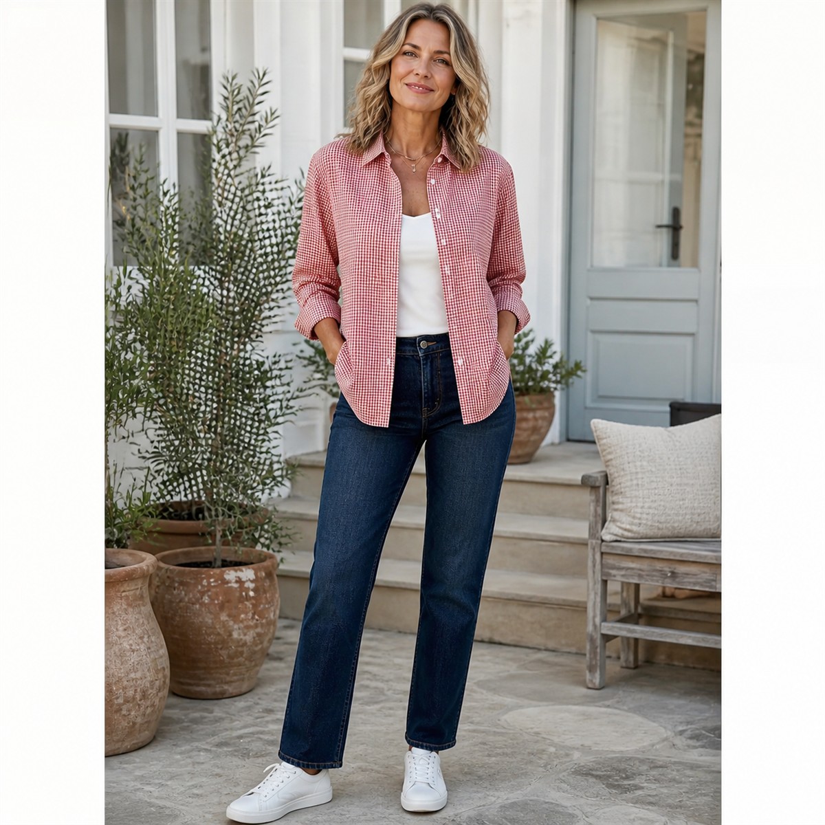 Women's Relaxed Gingham Long-Sleeve Button-Front Shirt - Styled with tailored separates
