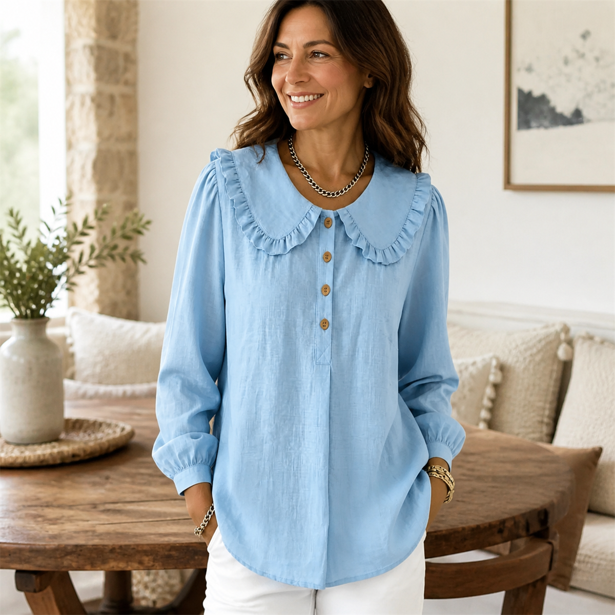 Women's Ruffle-Collar Long-Sleeve Button-Placket Blouse - Worn in a relaxed everyday setting