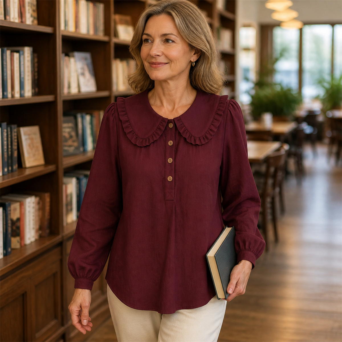Women's Ruffle-Collar Long-Sleeve Button-Placket Blouse - Worn during an easy weekend outing