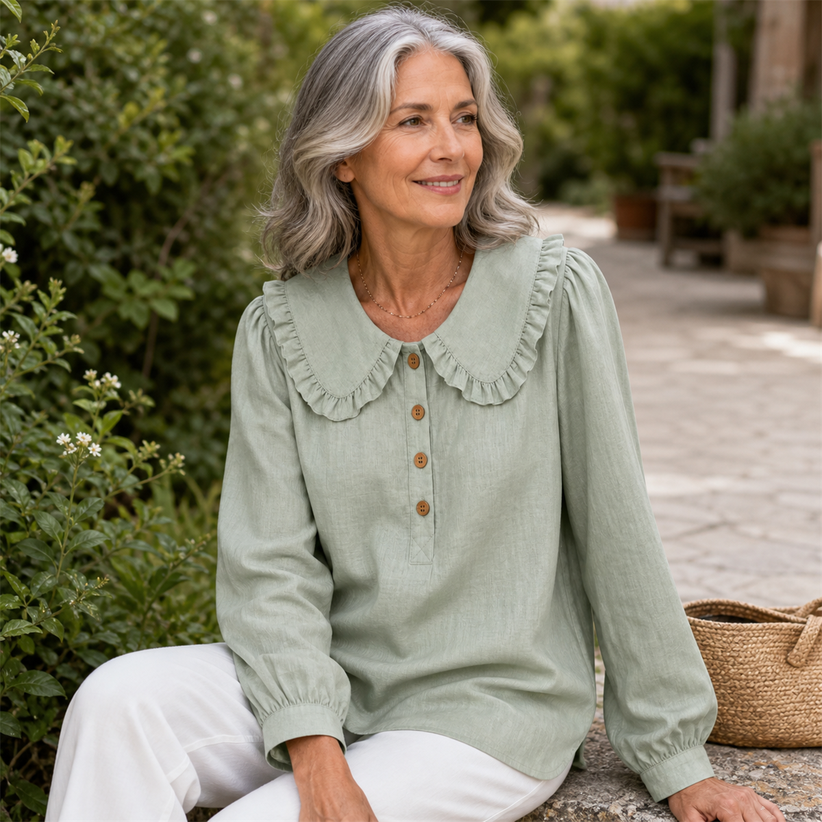 Women's Ruffle-Collar Long-Sleeve Button-Placket Blouse - Worn in a bright casual setting