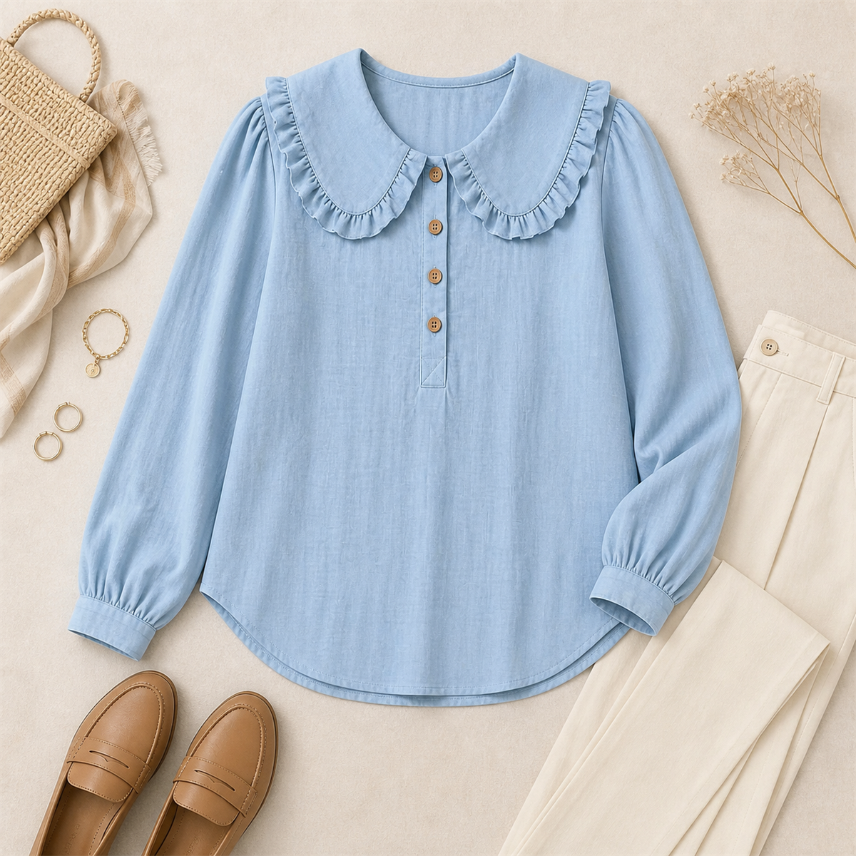 Women's Ruffle-Collar Long-Sleeve Button-Placket Blouse - Styled with denim