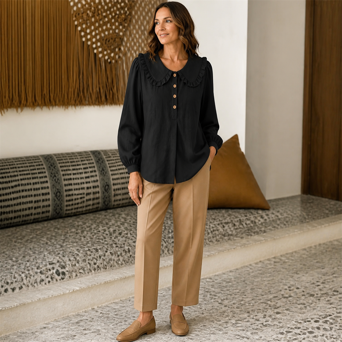 Women's Ruffle-Collar Long-Sleeve Button-Placket Blouse - Styled with tailored separates