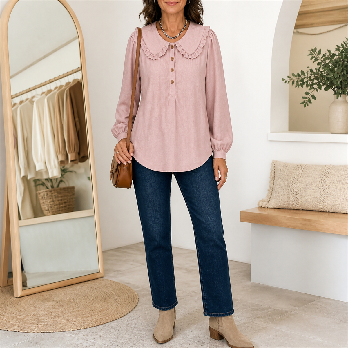 Women's Ruffle-Collar Long-Sleeve Button-Placket Blouse - Styled for a relaxed weekend