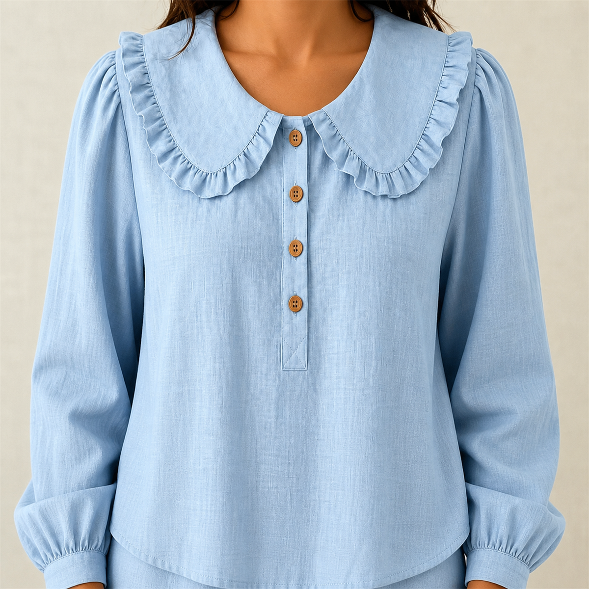 Women's Ruffle-Collar Long-Sleeve Button-Placket Blouse - Detail of 