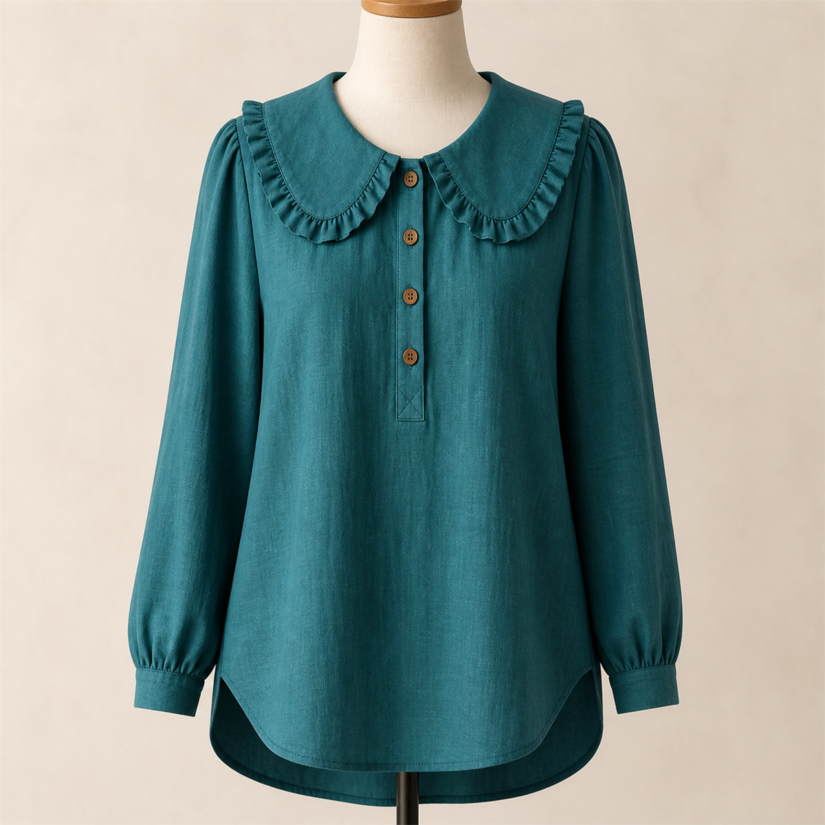 Women's Ruffle-Collar Long-Sleeve Button-Placket Blouse - Detail of 