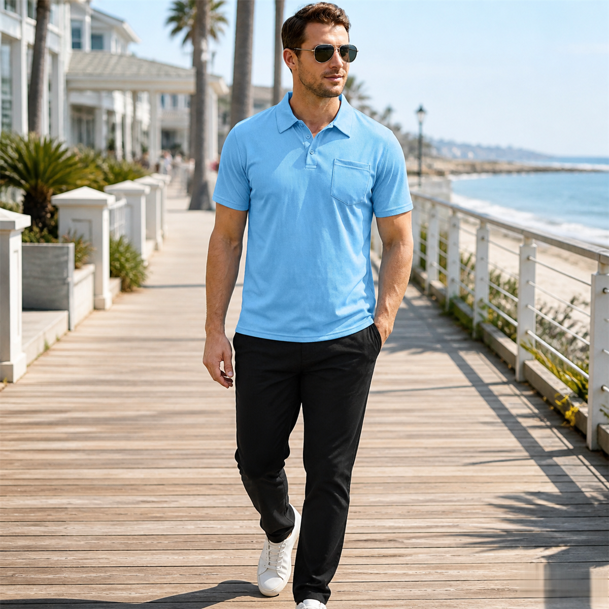 Men's Classic Short-Sleeve Polo Shirt with Chest Pocket - Worn in a relaxed everyday setting