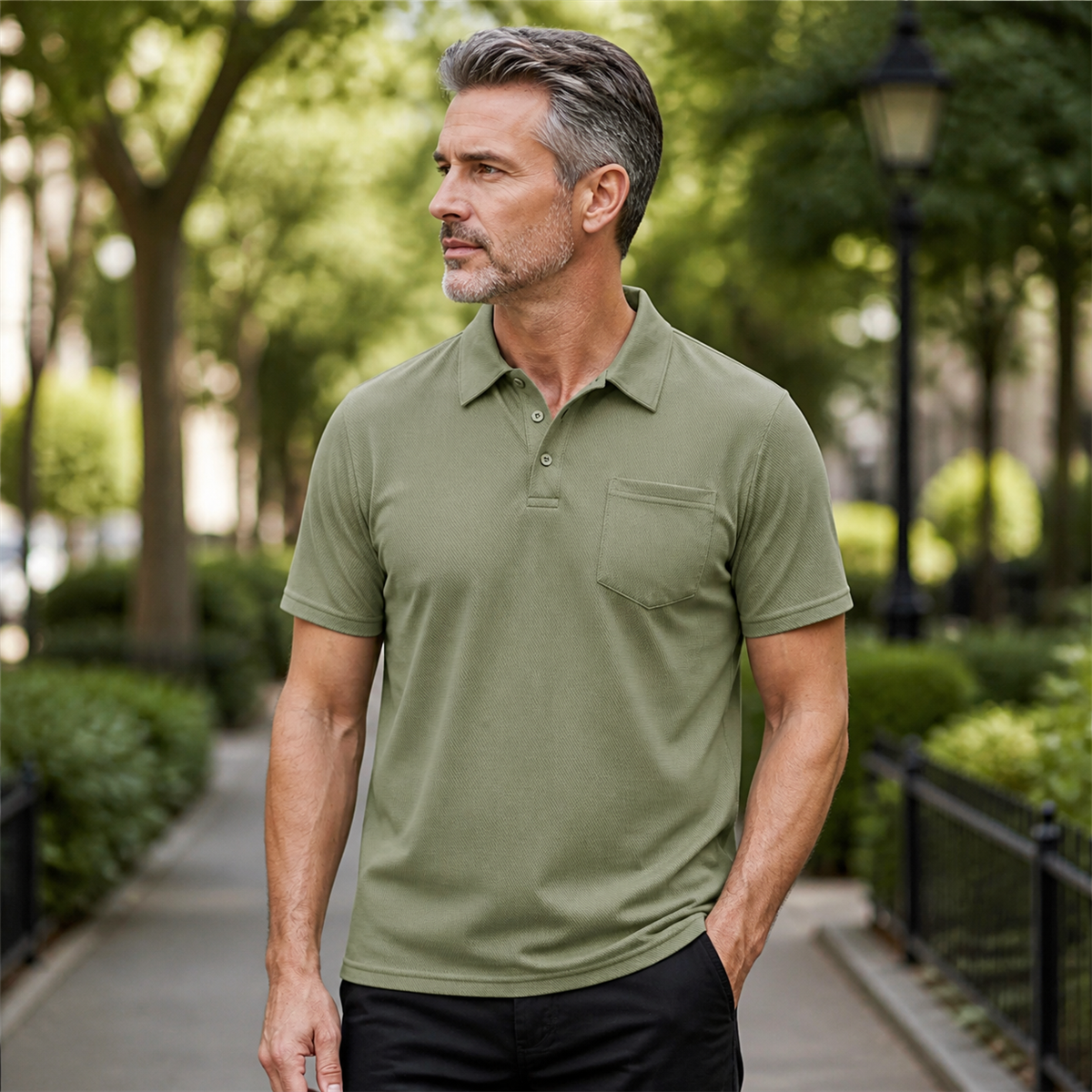 Men's Classic Short-Sleeve Polo Shirt with Chest Pocket - Worn in a bright casual setting