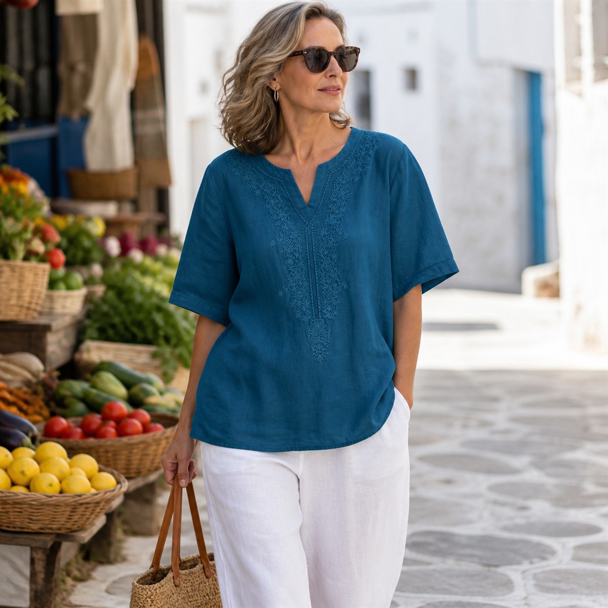 Women's Embroidered Split-Neck Relaxed Short-Sleeve Top - Worn in a relaxed everyday setting