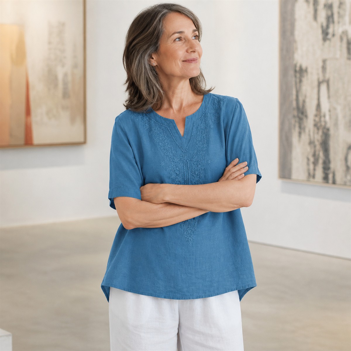Women's Embroidered Split-Neck Relaxed Short-Sleeve Top - Worn in a bright casual setting