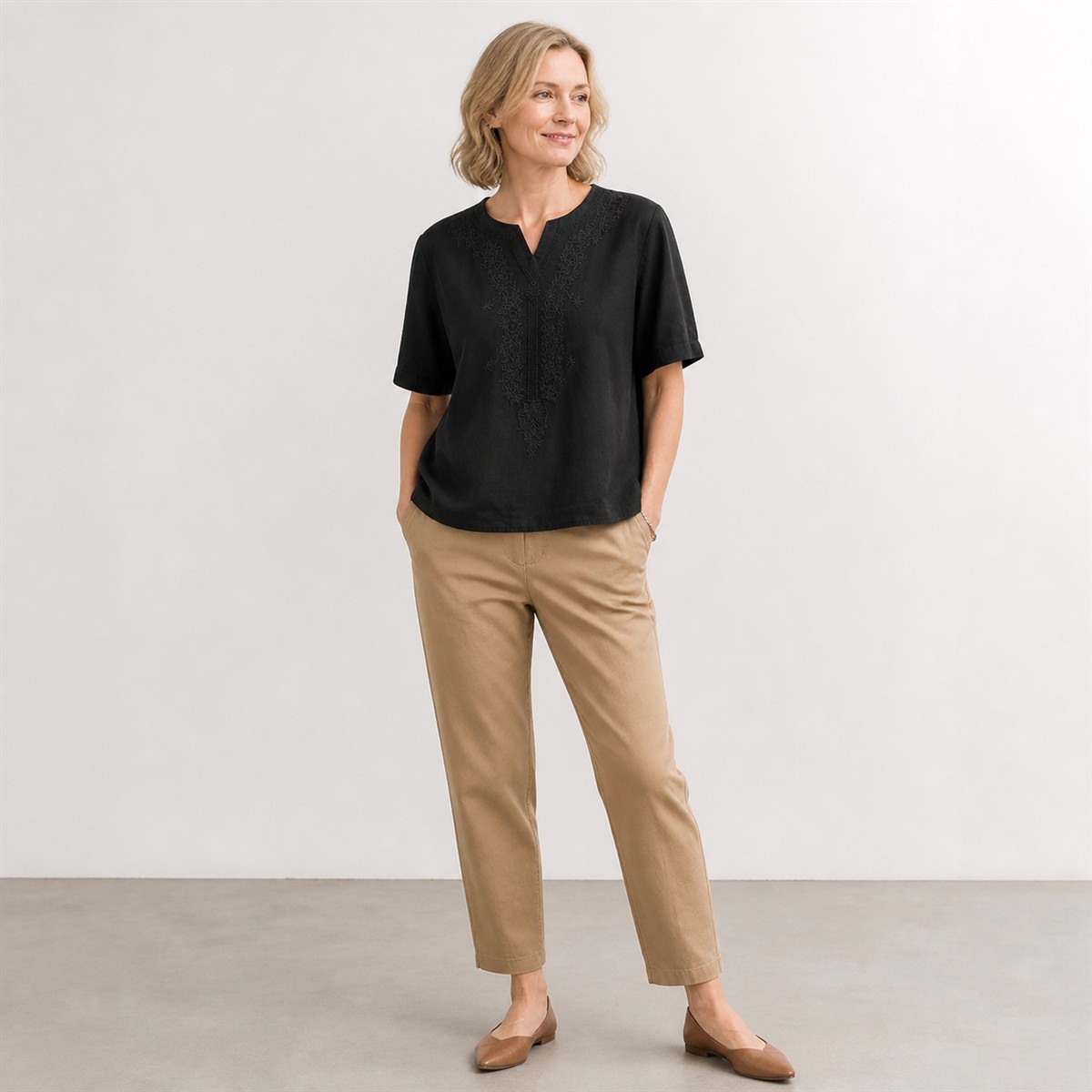 Women's Embroidered Split-Neck Relaxed Short-Sleeve Top - Styled with denim