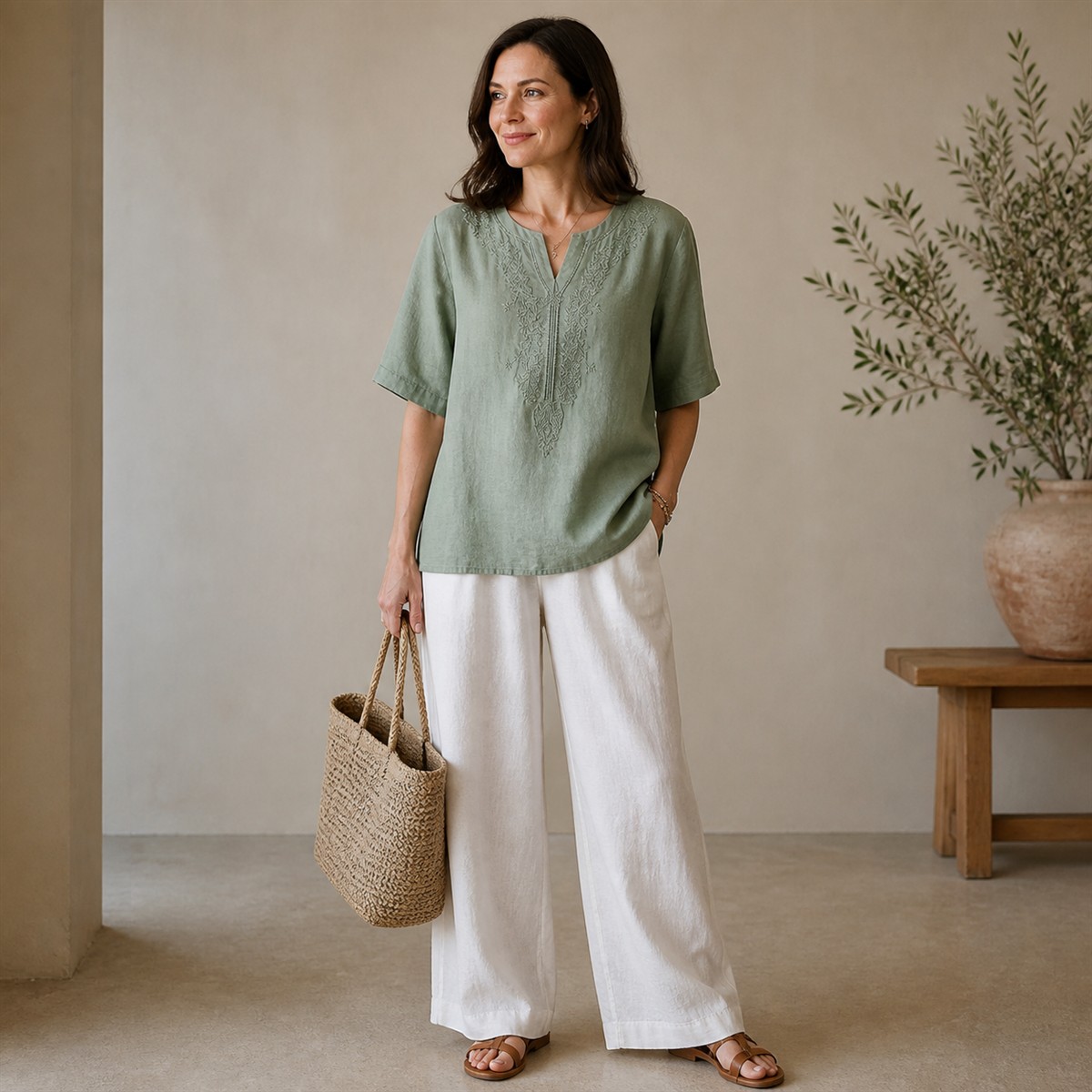 Women's Embroidered Split-Neck Relaxed Short-Sleeve Top - Styled with tailored separates