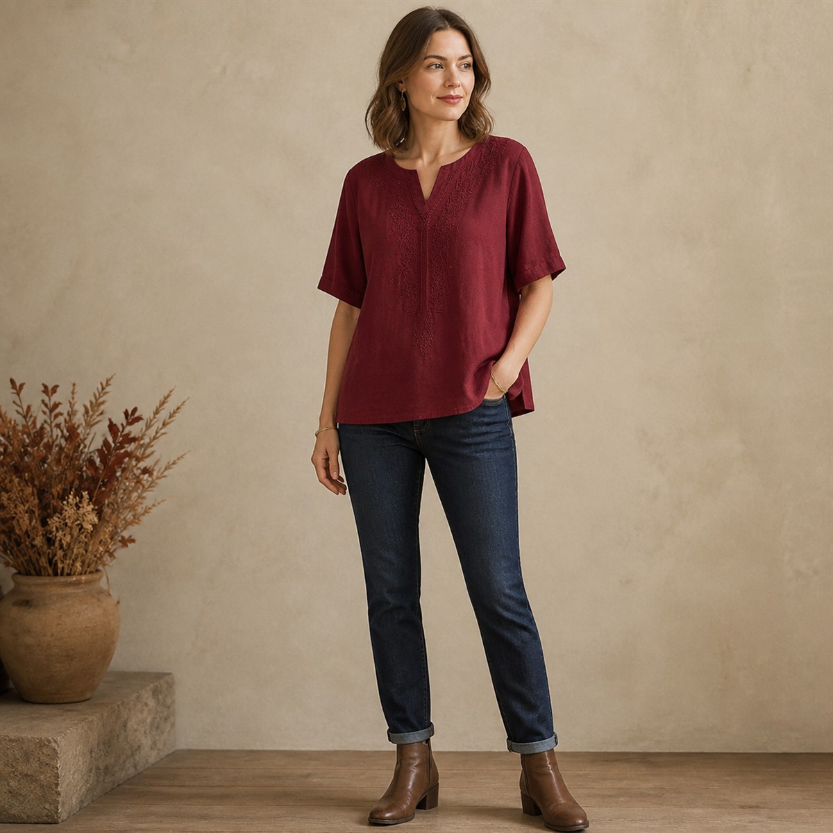 Women's Embroidered Split-Neck Relaxed Short-Sleeve Top - Styled for a relaxed weekend