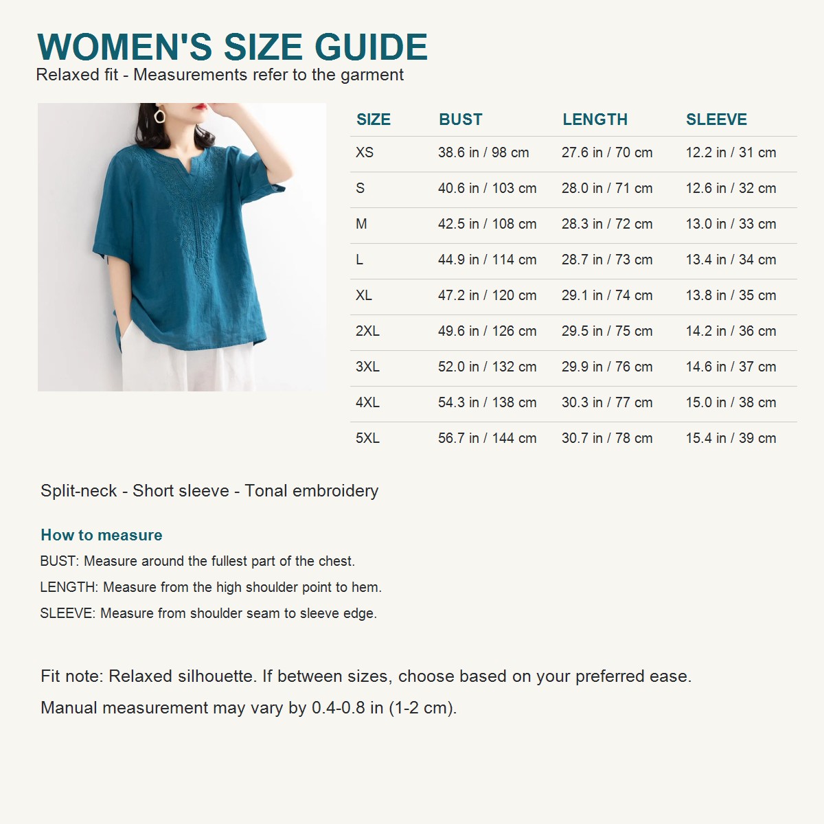 Women's Embroidered Split-Neck Relaxed Short-Sleeve Top - Tonal embroidery