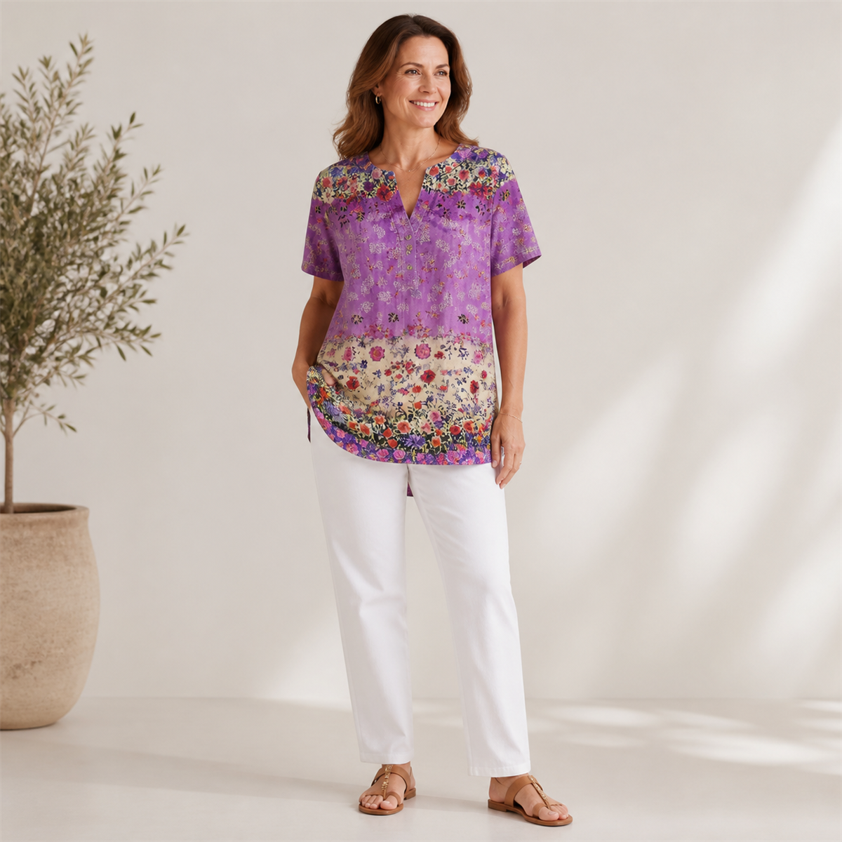 Women's Floral Border-Print Split-Neck Short-Sleeve Top - Styled with denim