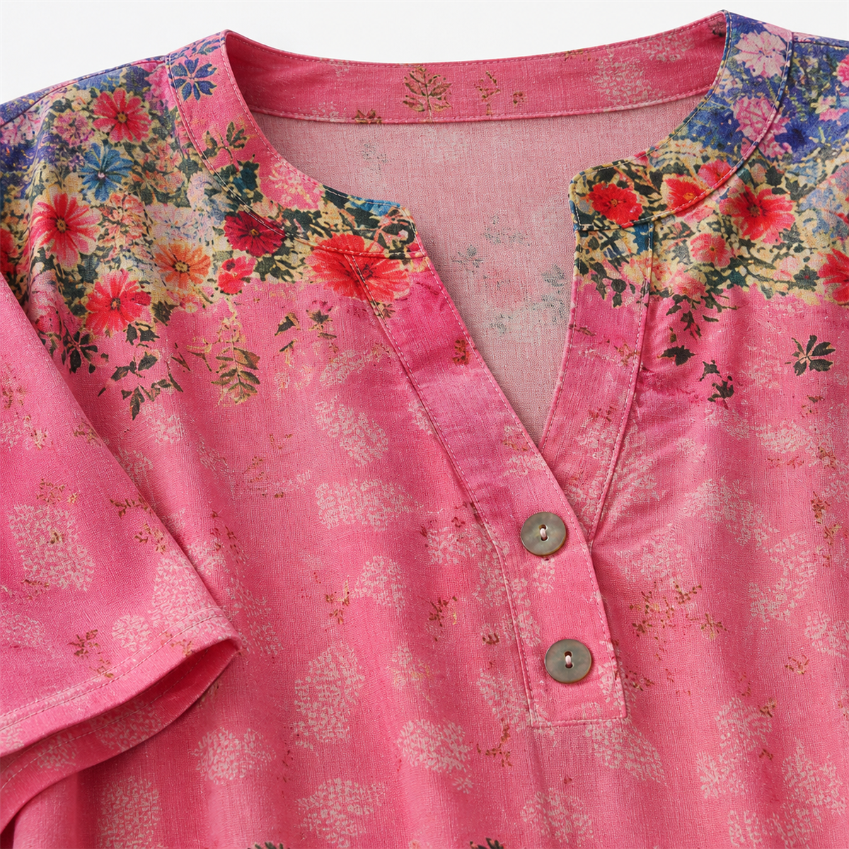 Women's Floral Border-Print Split-Neck Short-Sleeve Top - Detail of 