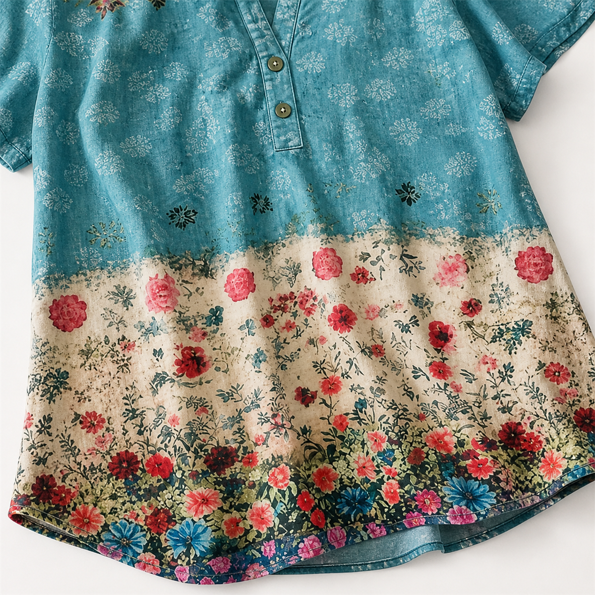 Women's Floral Border-Print Split-Neck Short-Sleeve Top - Floral border print