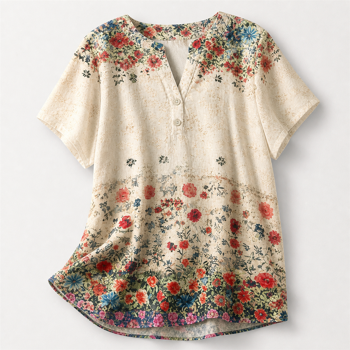 Women's Floral Border-Print Split-Neck Short-Sleeve Top - Detail of 