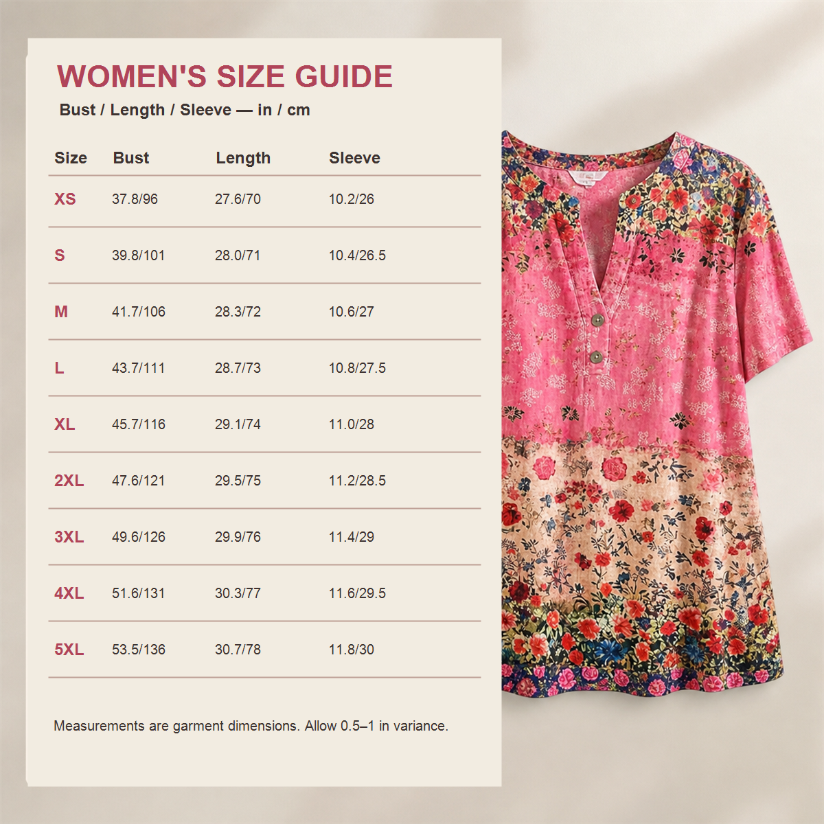 Women's Floral Border-Print Split-Neck Short-Sleeve Top - Split neckline