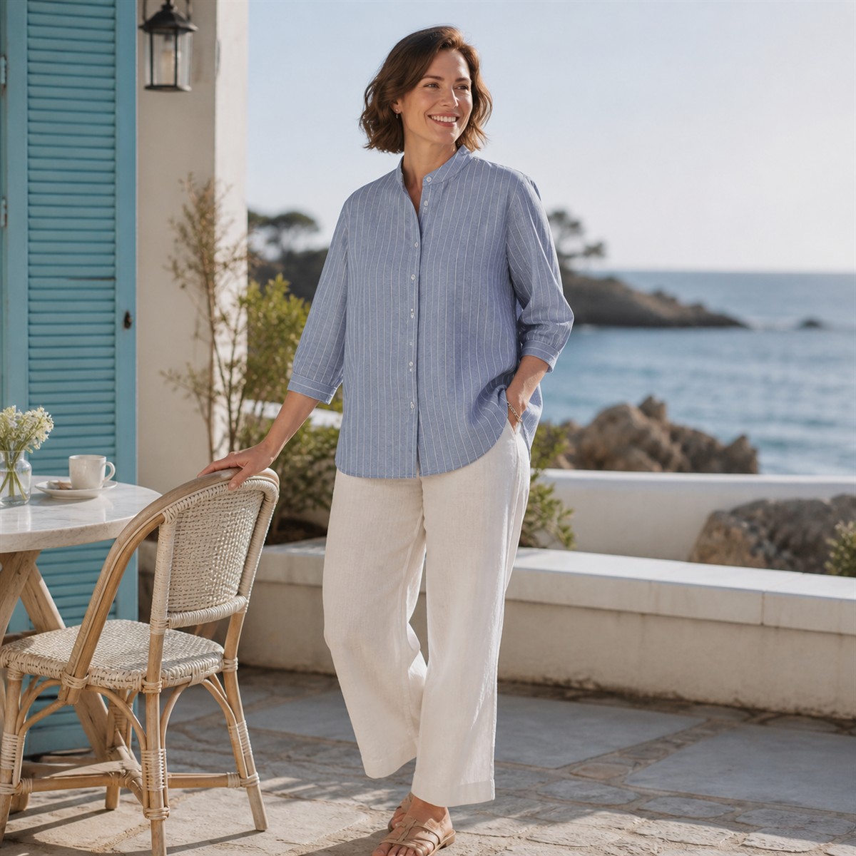 Women's Striped Band-Collar Three-Quarter Sleeve Button-Front Shirt - Worn in a relaxed everyday setting