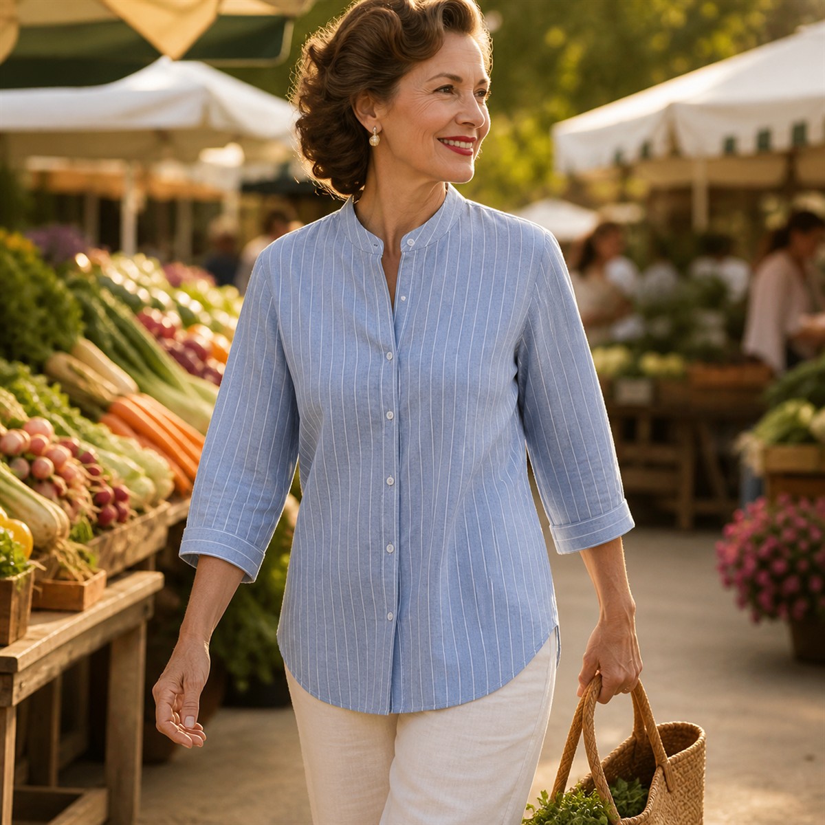 Women's Striped Band-Collar Three-Quarter Sleeve Button-Front Shirt - Worn during an easy weekend outing