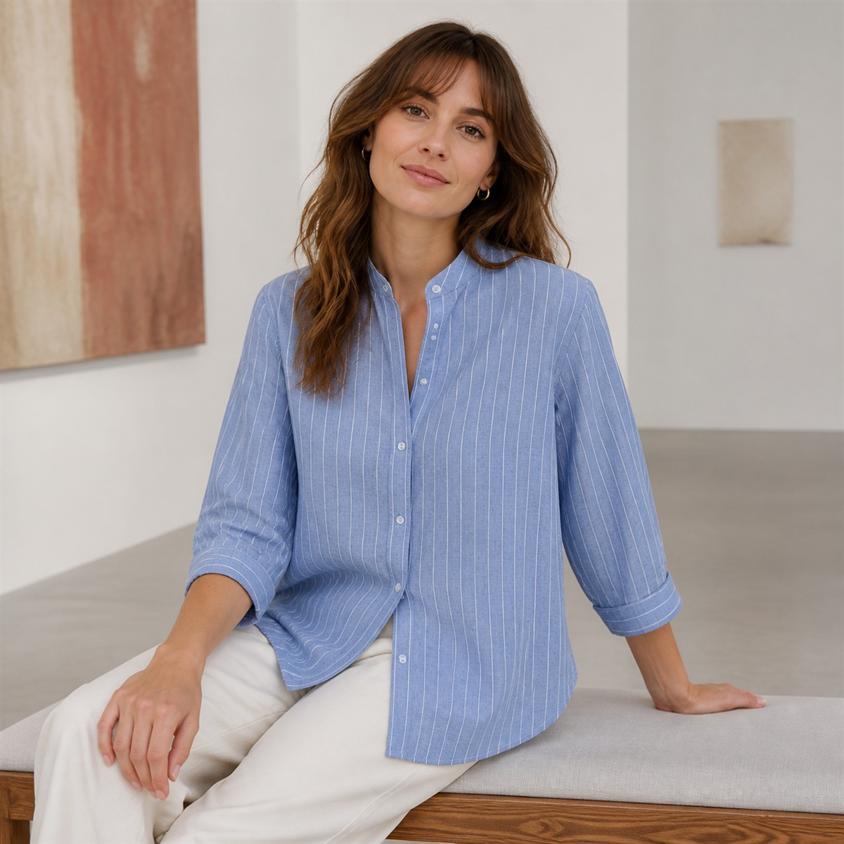 Women's Striped Band-Collar Three-Quarter Sleeve Button-Front Shirt - Worn in a bright casual setting