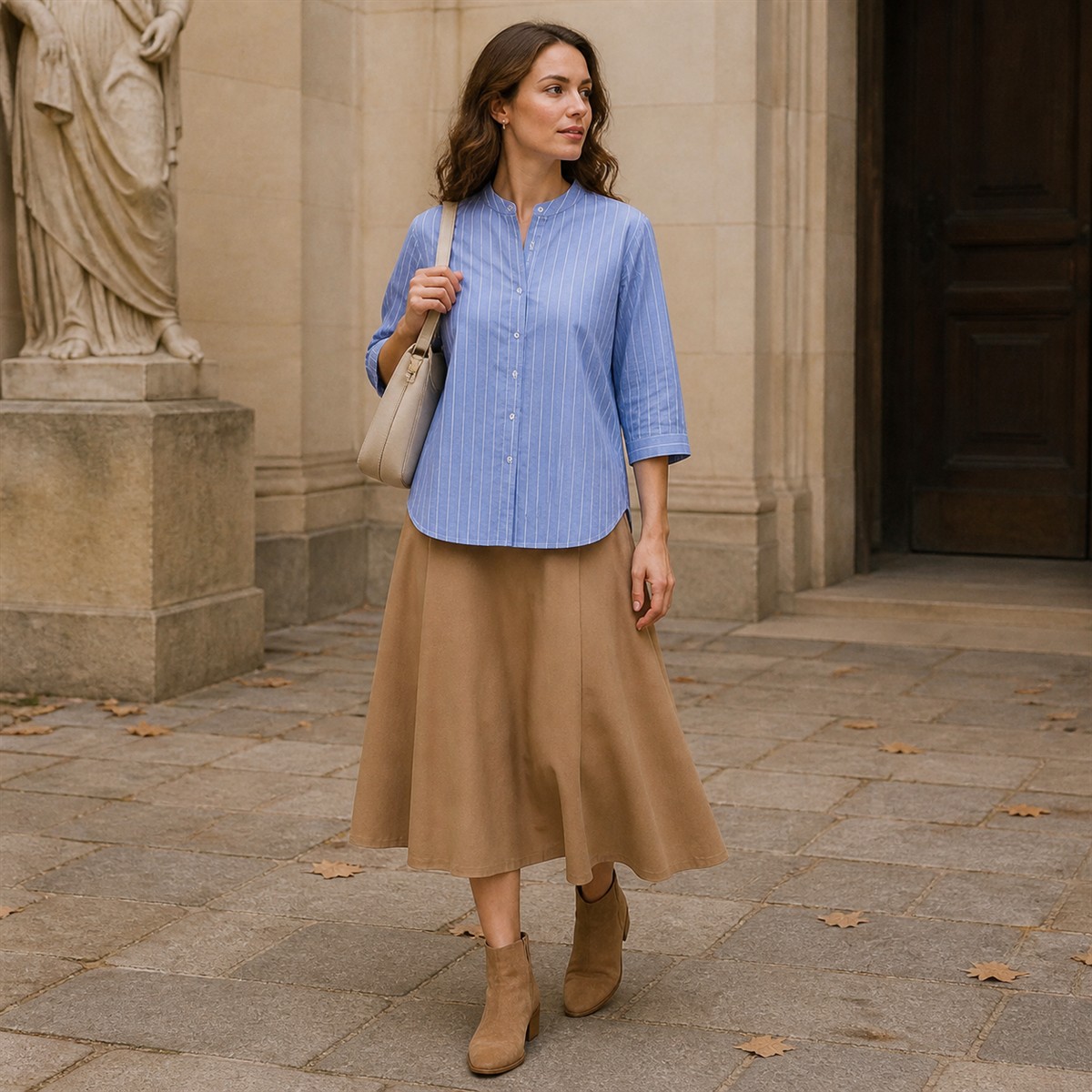 Women's Striped Band-Collar Three-Quarter Sleeve Button-Front Shirt - Styled for a relaxed weekend