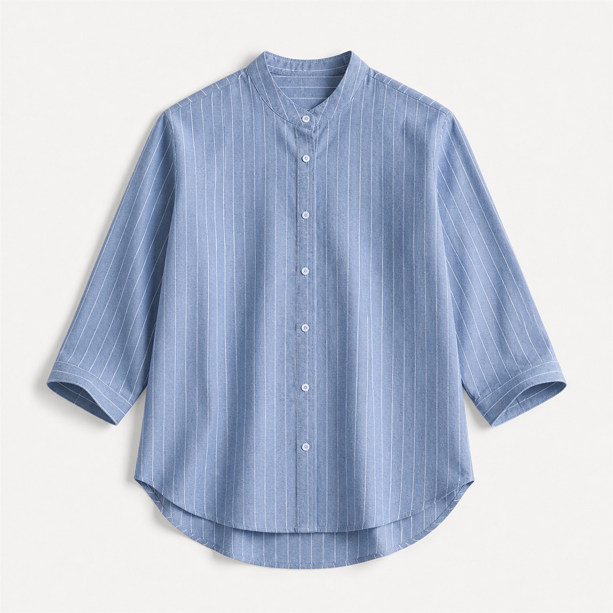 Women's Striped Band-Collar Three-Quarter Sleeve Button-Front Shirt - Detail of 