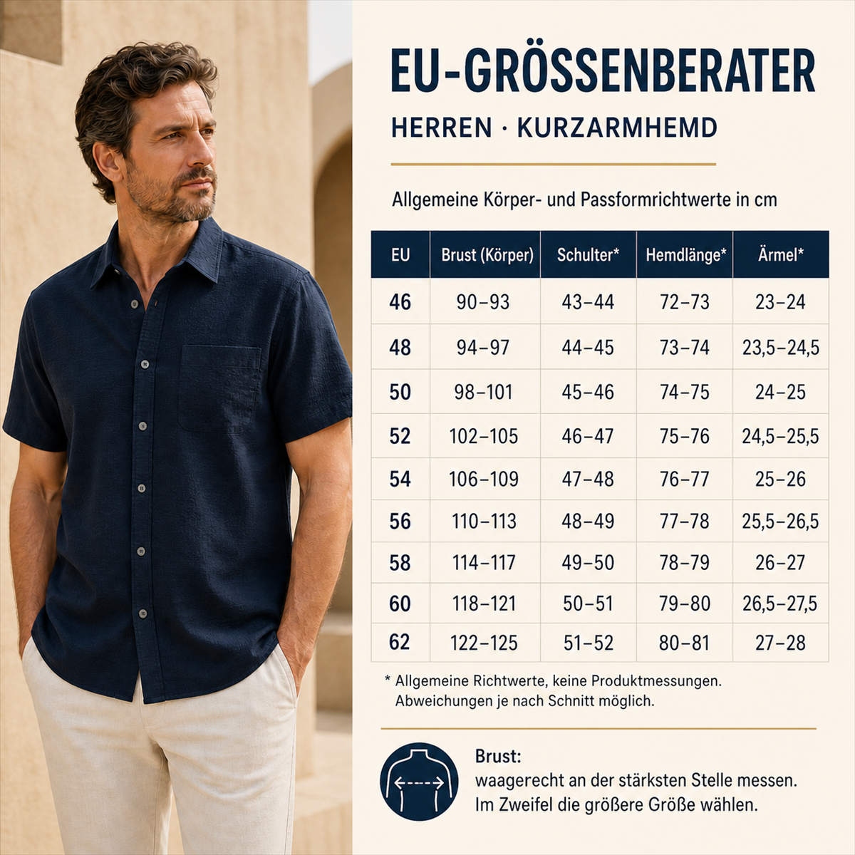 Herren Kurzarmhemd mit Struktur, Knopfleiste und Brusttasche - Ausführliche Herren-Größentabelle EU 46 bis EU 62