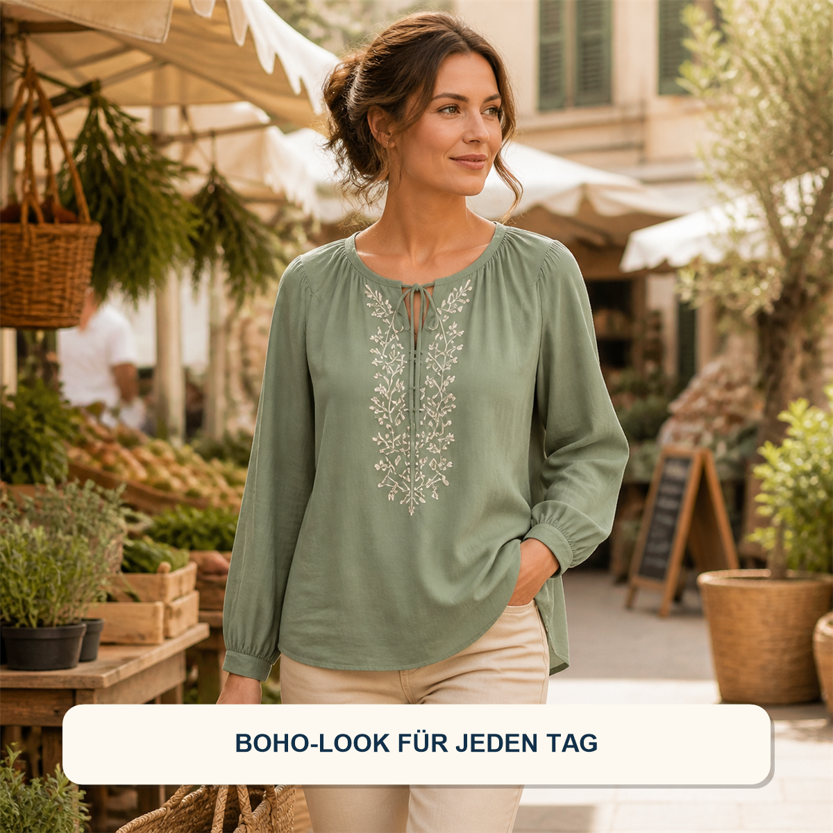14er-Set Boho-Damenoberteile - 7 kurzärmelige + 7 langärmelige Modelle - Helles Freizeitoutfit auf einer Terrasse