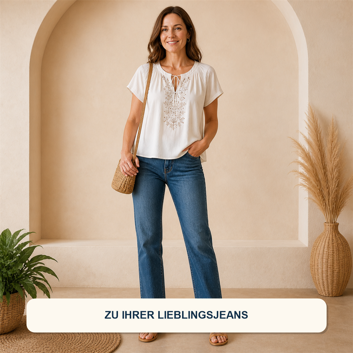 14er-Set Boho-Damenoberteile - 7 kurzärmelige + 7 langärmelige Modelle - Mit gerader Jeans kombiniert