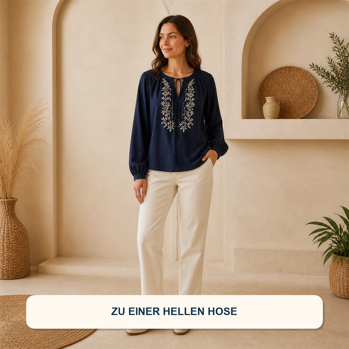 14er-Set Boho-Damenoberteile - 7 kurzärmelige + 7 langärmelige Modelle - Mit heller Hose kombiniert