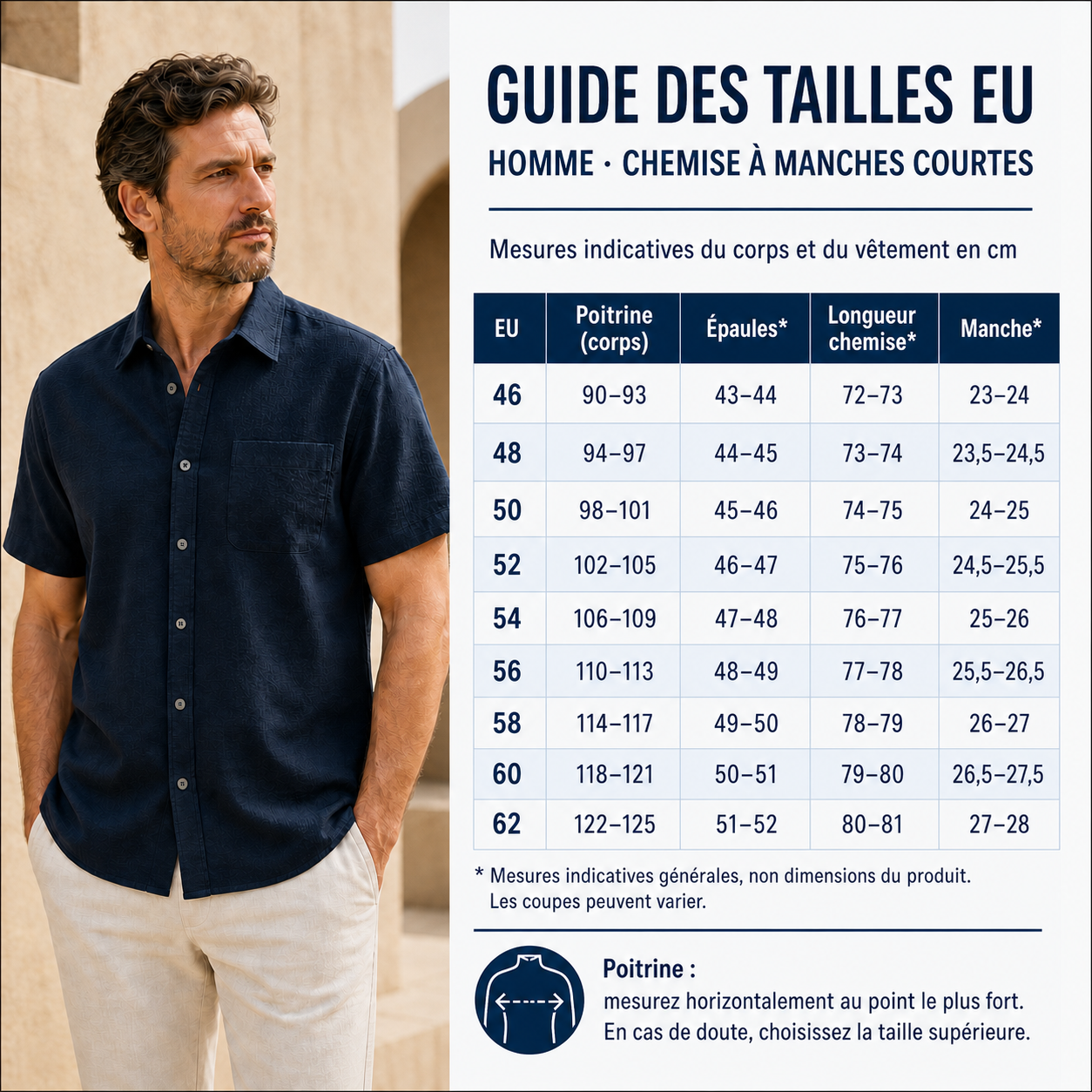 Chemise homme texturée à manches courtes, boutonnée avec poche poitrine - Guide détaillé des tailles homme EU 46 à EU 62