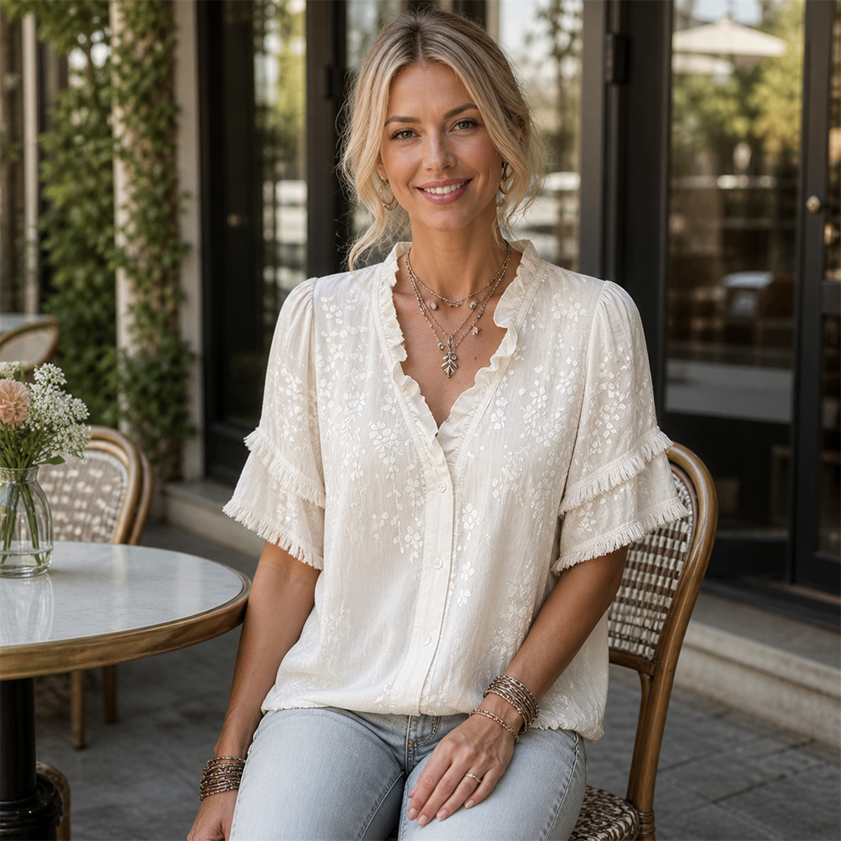 Women's Embroidered Ruffle-Neck Short-Sleeve Button-Front Blouse - Worn during an easy weekend outing