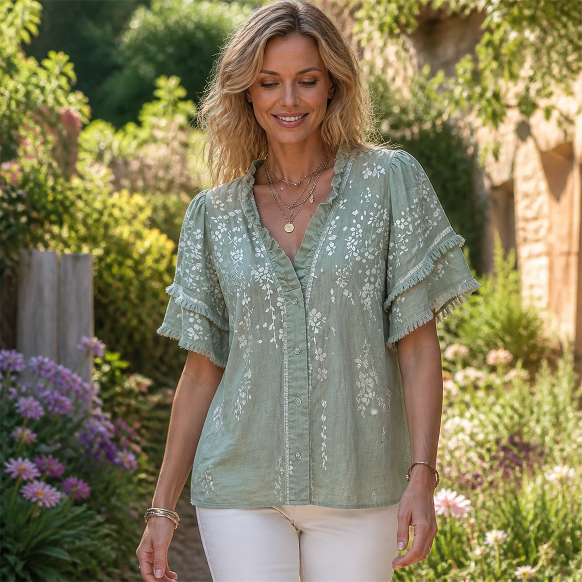 Women's Embroidered Ruffle-Neck Short-Sleeve Button-Front Blouse - Worn in a bright casual setting