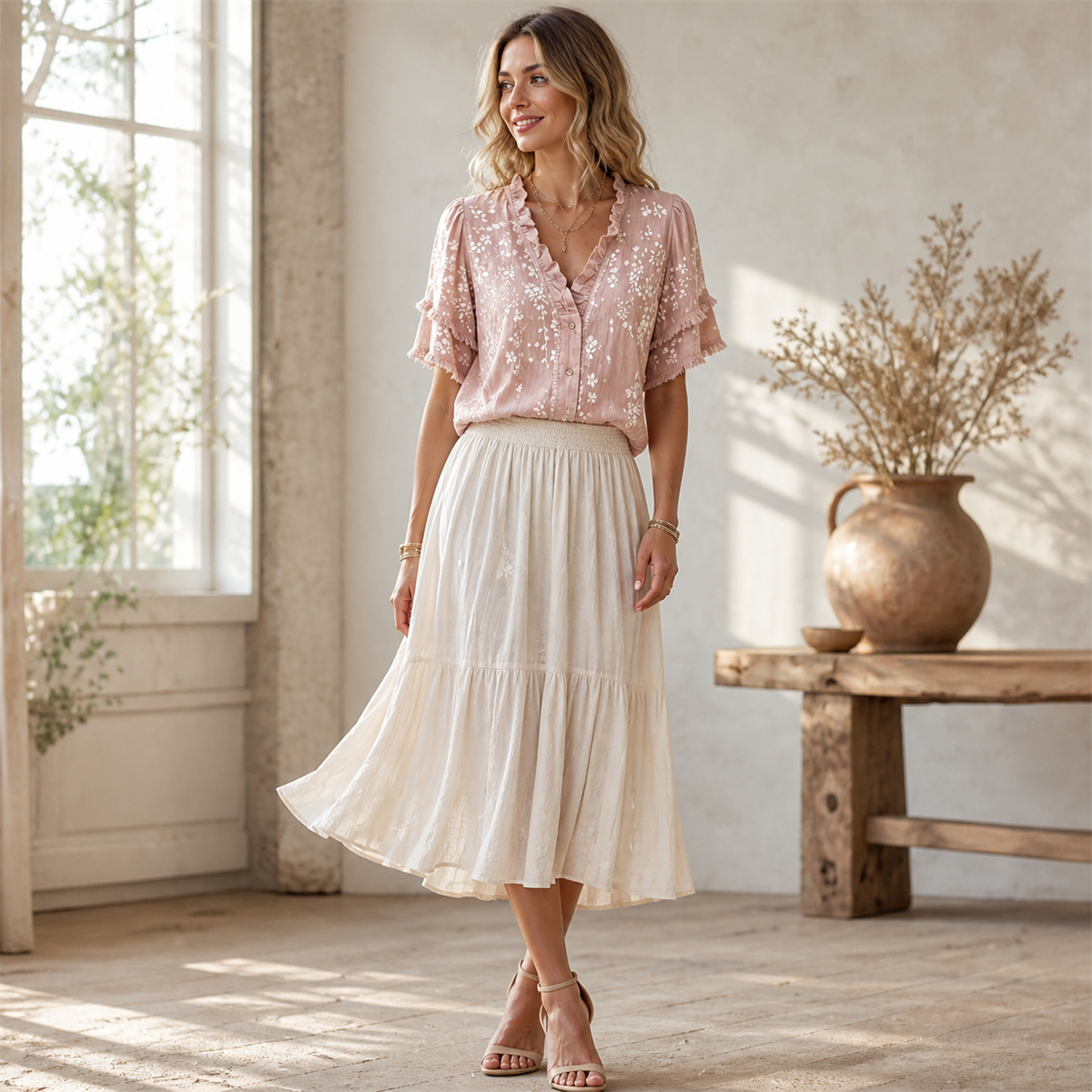 Women's Embroidered Ruffle-Neck Short-Sleeve Button-Front Blouse - Styled with tailored separates