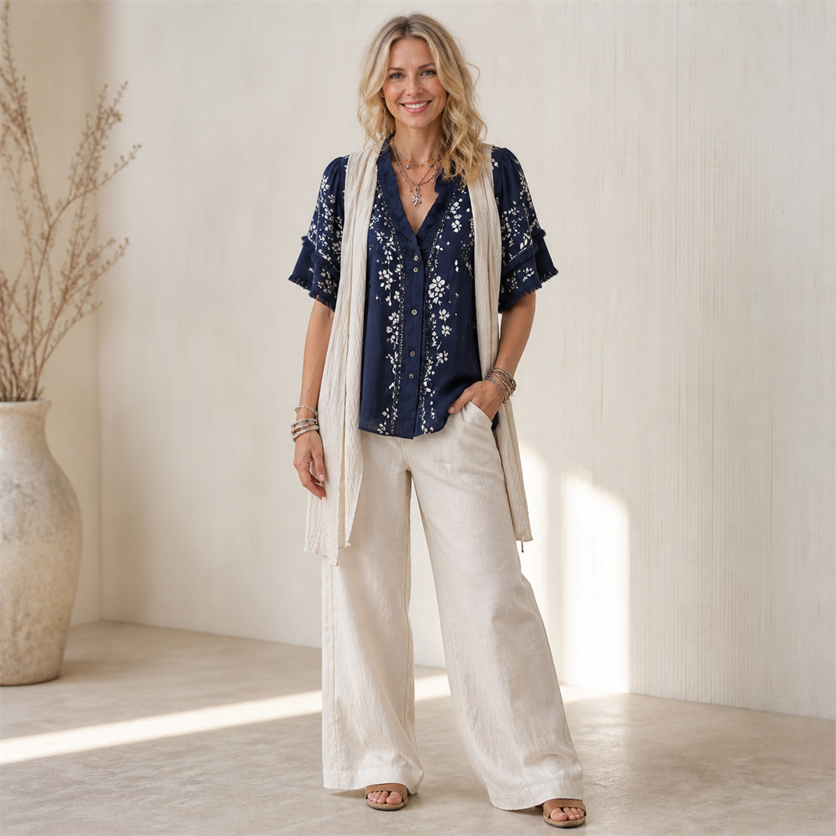 Women's Embroidered Ruffle-Neck Short-Sleeve Button-Front Blouse - Styled for a relaxed weekend