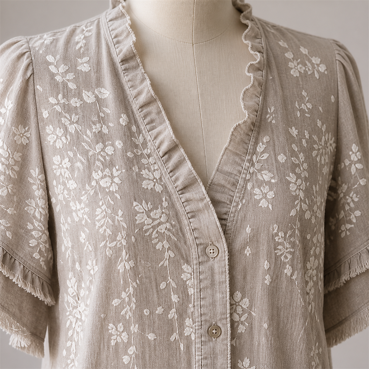 Women's Embroidered Ruffle-Neck Short-Sleeve Button-Front Blouse - Detail of 
